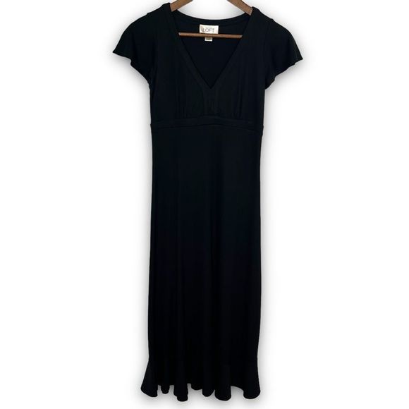 Loft Women's Black Flutter Cap Sleeve Side Zip V-Neck Midi Dress‎ Size 0 - Picture 1 of 15